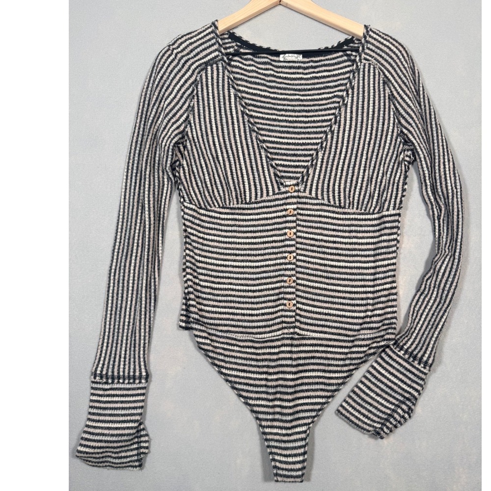 Free People Intimately Striped Waffle Knit Bodice Long Sleeve Thong Black White